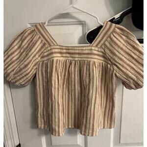100% Cotton cropped white and tan striped peasant blouse. Small